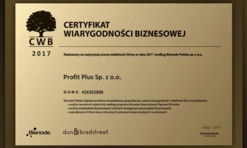 Certyfikat Wiarygodności Biznesowej dla Profit Plus
